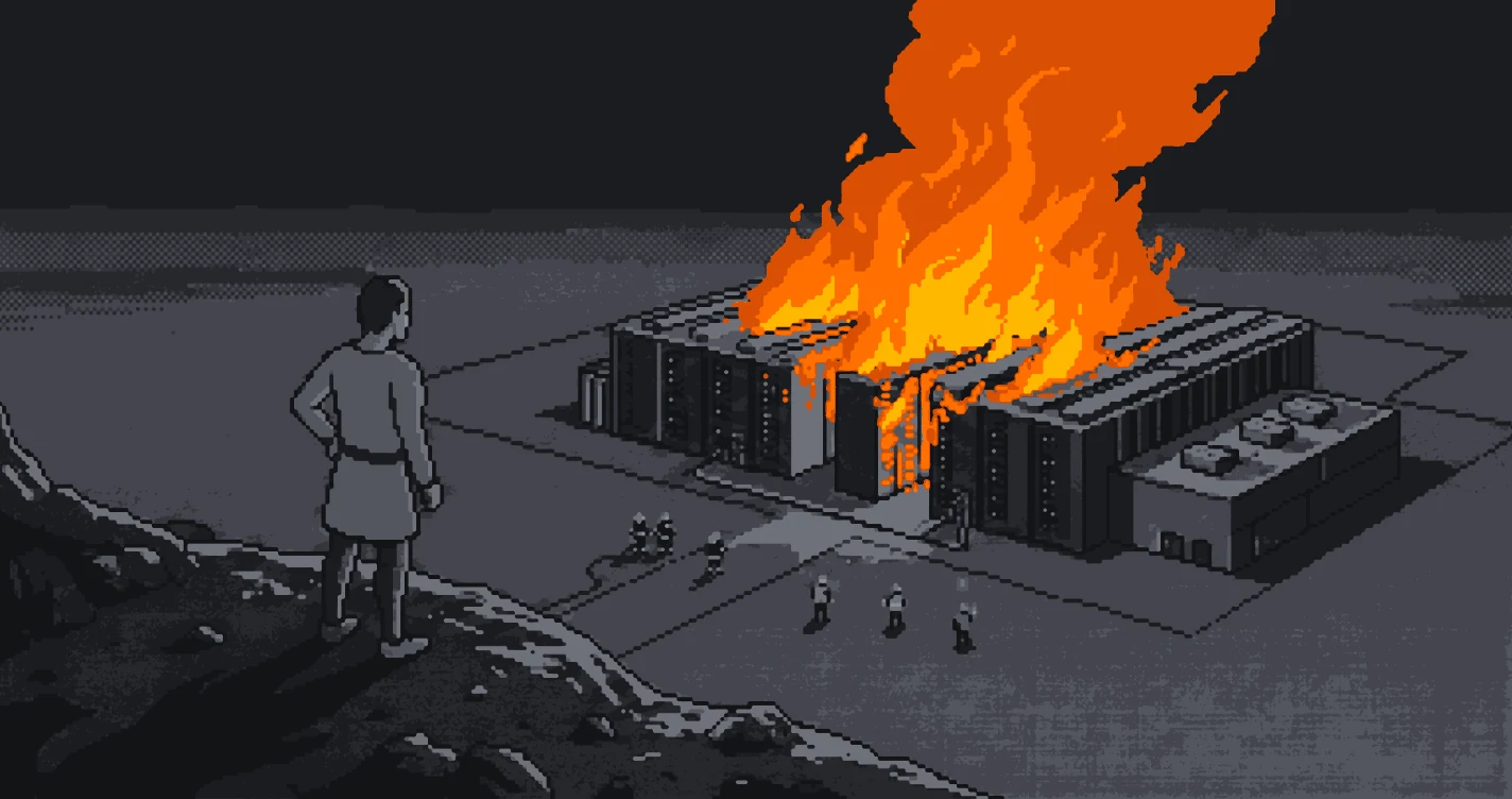 Pixel-art figure on a ridge watching a data centre burn, flames pouring from the server halls below.