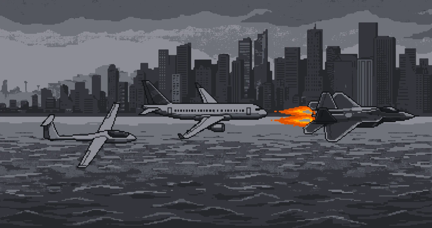 Pixel-art skyline behind three aircraft in a row over water: a glider, an airliner, and a fighter jet on afterburner.
