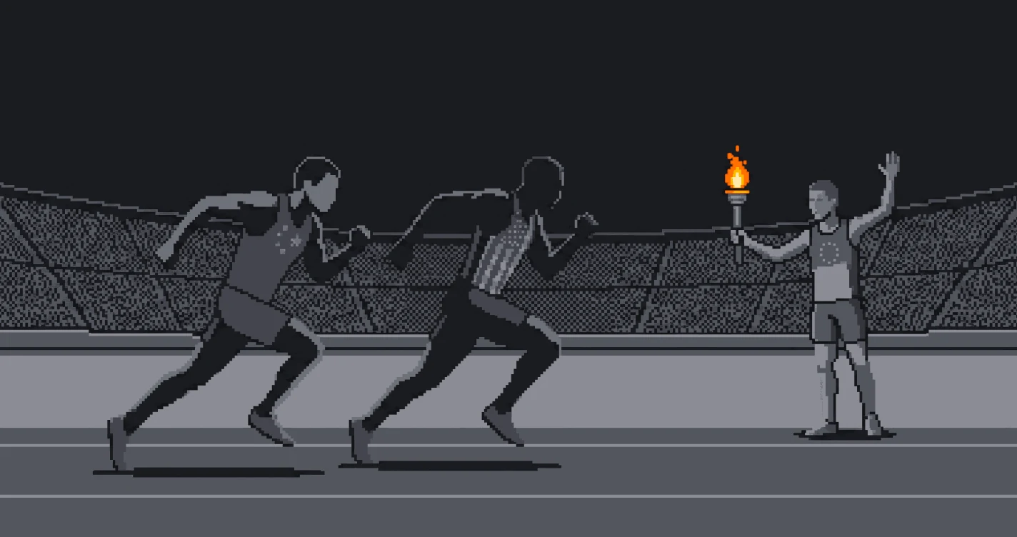Pixel-art runners sprinting down a stadium track while a fourth athlete stands still at the finish, holding a lit torch.