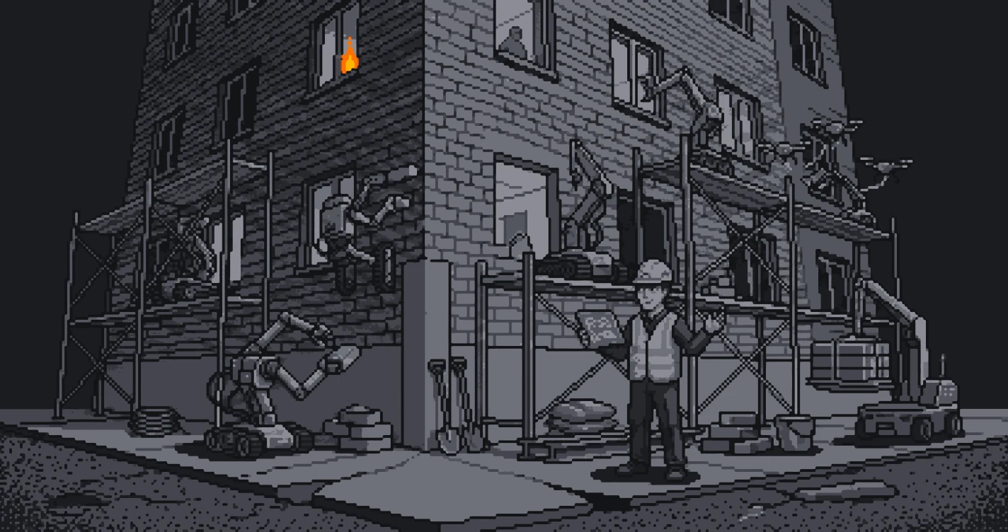 Pixel-art construction site at night, one human in a hard hat holding plans while robot arms and machines lay the brickwork around them.