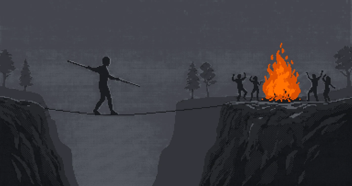 Pixel-art figure crossing a deep ravine on a tightrope, towards a group celebrating around a bonfire on the far cliff.